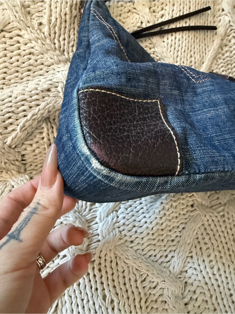 Guess Denim Shoulder Bag with Dark Brown Trim - Picture 11 of 11